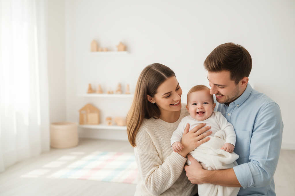 generate imagee of parents with baby fror my online baby shopify store homapage slider image - reomcmmended size - 2048x1024px